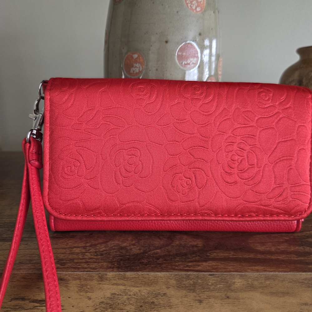 Unk Red Floral Embossed Wristlet Clutch